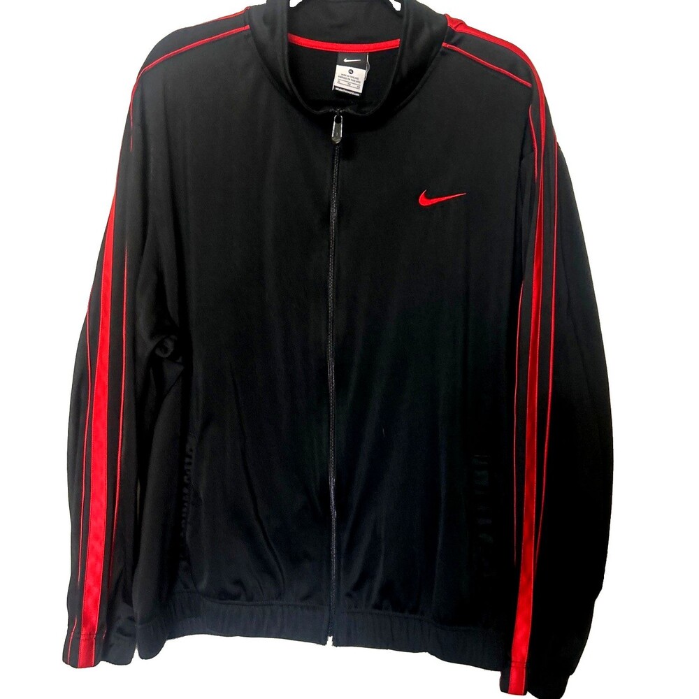 Nike Track Full Zip Jacket Mens XL Black Red Striped Swoosh Logo Mock Neck